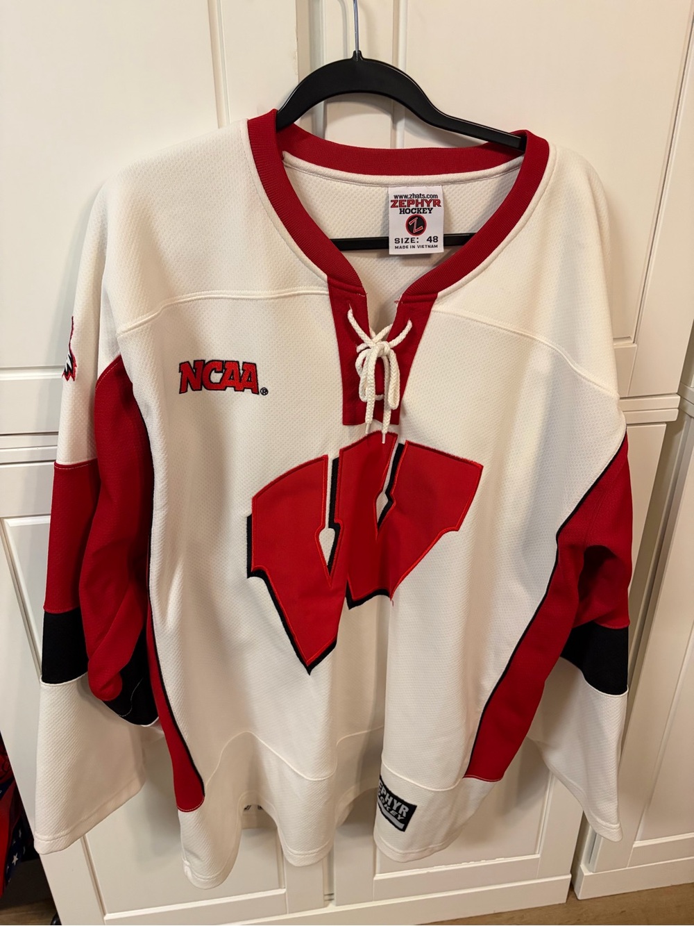 Zephyr White and Red V-Neck Hockey Jersey, Wisconsin Badgers